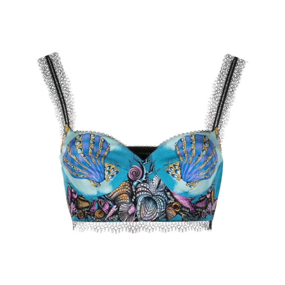 Versace Blue Multi-color Seashell Print Crop Top with Black Lace EU Size 44 - Picture 3 of 13